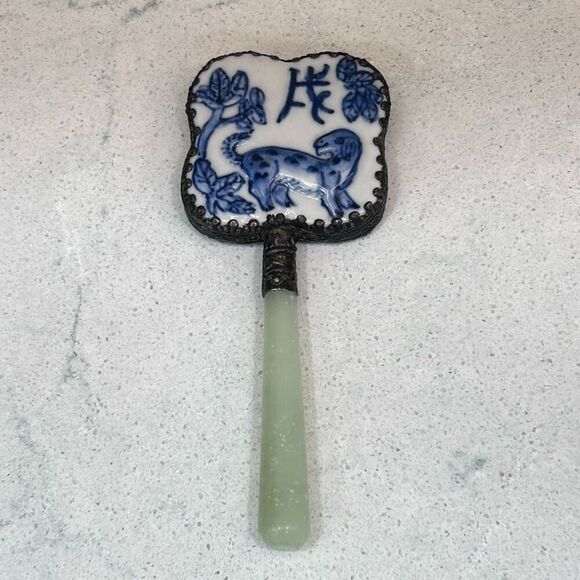 Vtg Chinese Hand Mirror Rounded Corner Squircle W/ Jade Handle & Porcelain Back - Picture 5 of 15